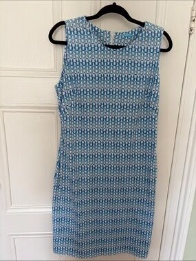 J. McLaughlin Blue and White Sleeveless Chain Pint Sophia Sheath Dress Large